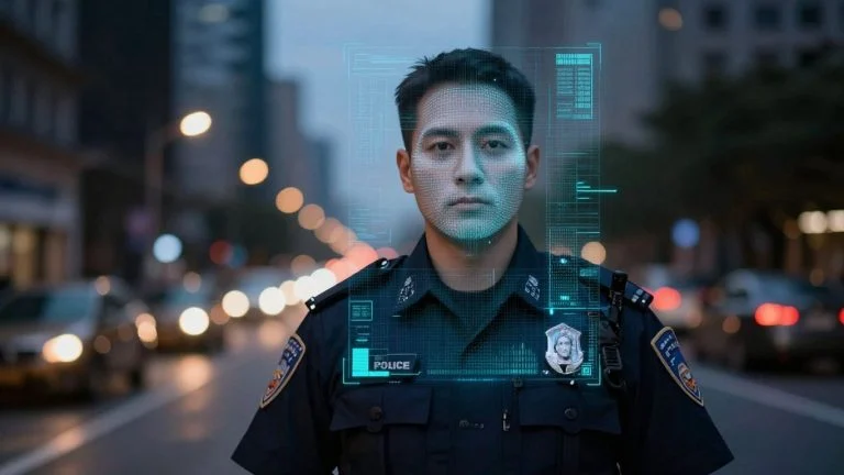 Police officer using facial recognition technology.