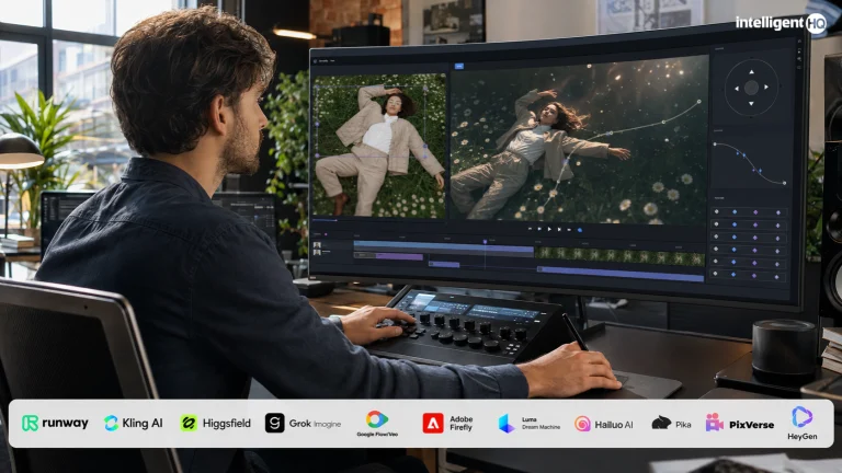 Infographic comparing 11 AI image-to-video tools by workflow, including professional production, realistic motion, cinematic control, creative effects and talking photos.