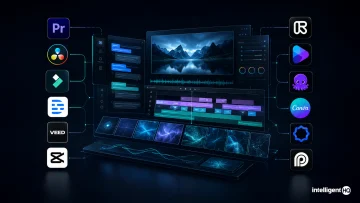 AI video-editing interface surrounded by twelve leading video-tool logos