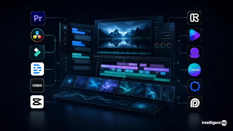 AI video-editing interface surrounded by twelve leading video-tool logos
