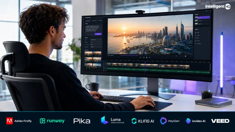 AI video creator using an editing interface, with logos for Adobe Firefly, Runway, Pika, Luma, Kling AI, HeyGen, InVideo AI and VEED.