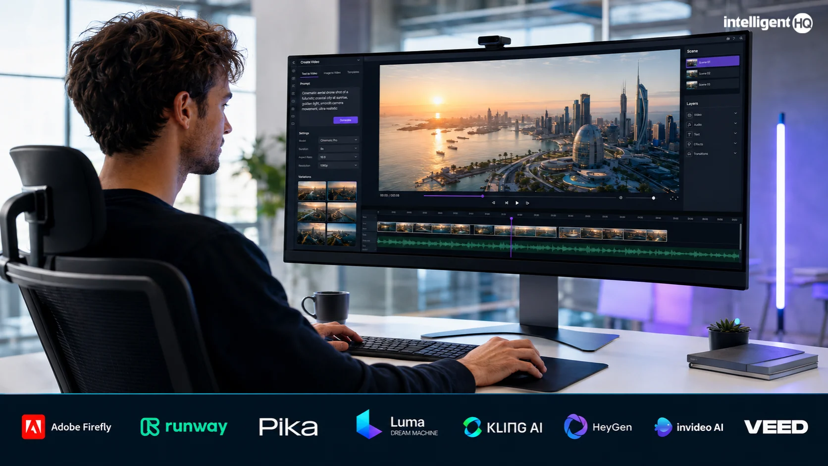 AI video creator using an editing interface, with logos for Adobe Firefly, Runway, Pika, Luma, Kling AI, HeyGen, InVideo AI and VEED.