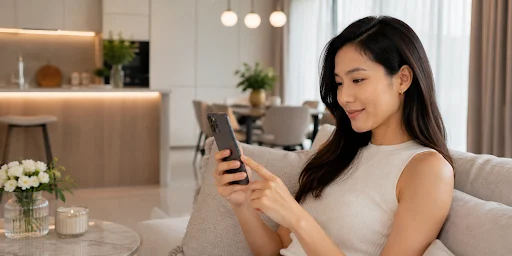 Woman using a smartphone while sitting at home