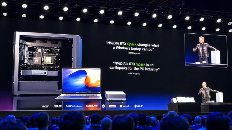 photo from NVIDIA GTC Berlin 2026 shows Jensen Huang presenting NVIDIA RTX Spark on stage, alongside a laptop, compact desktop system and hardware display, during a keynote on local AI computing.