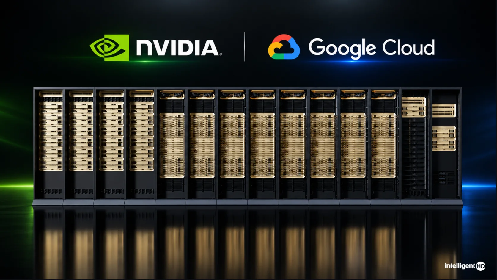 NVIDIA and Google Cloud logos displayed above a large-scale AI server infrastructure system, representing their collaboration on Vera Rubin GPU technology and next-generation cloud computing at NVIDIA GTC Berlin 2026.