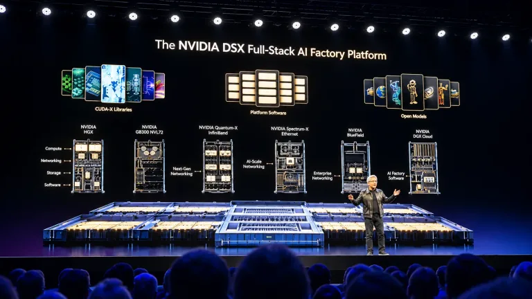Jensen Huang presents NVIDIA’s DSX Full-Stack AI Factory Platform at GTC Berlin 2026, highlighting CUDA-X libraries, AI software, open models, accelerated computing systems and networking infrastructure supporting large-scale AI factories. - DInis Guarda